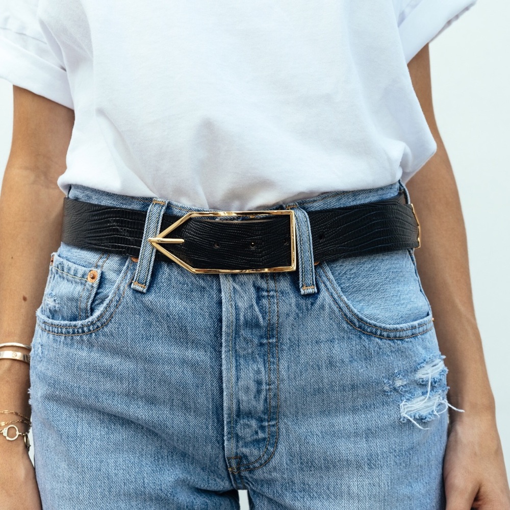 Coco Sands Black Leather Waist Belt w/ Gold Hardware